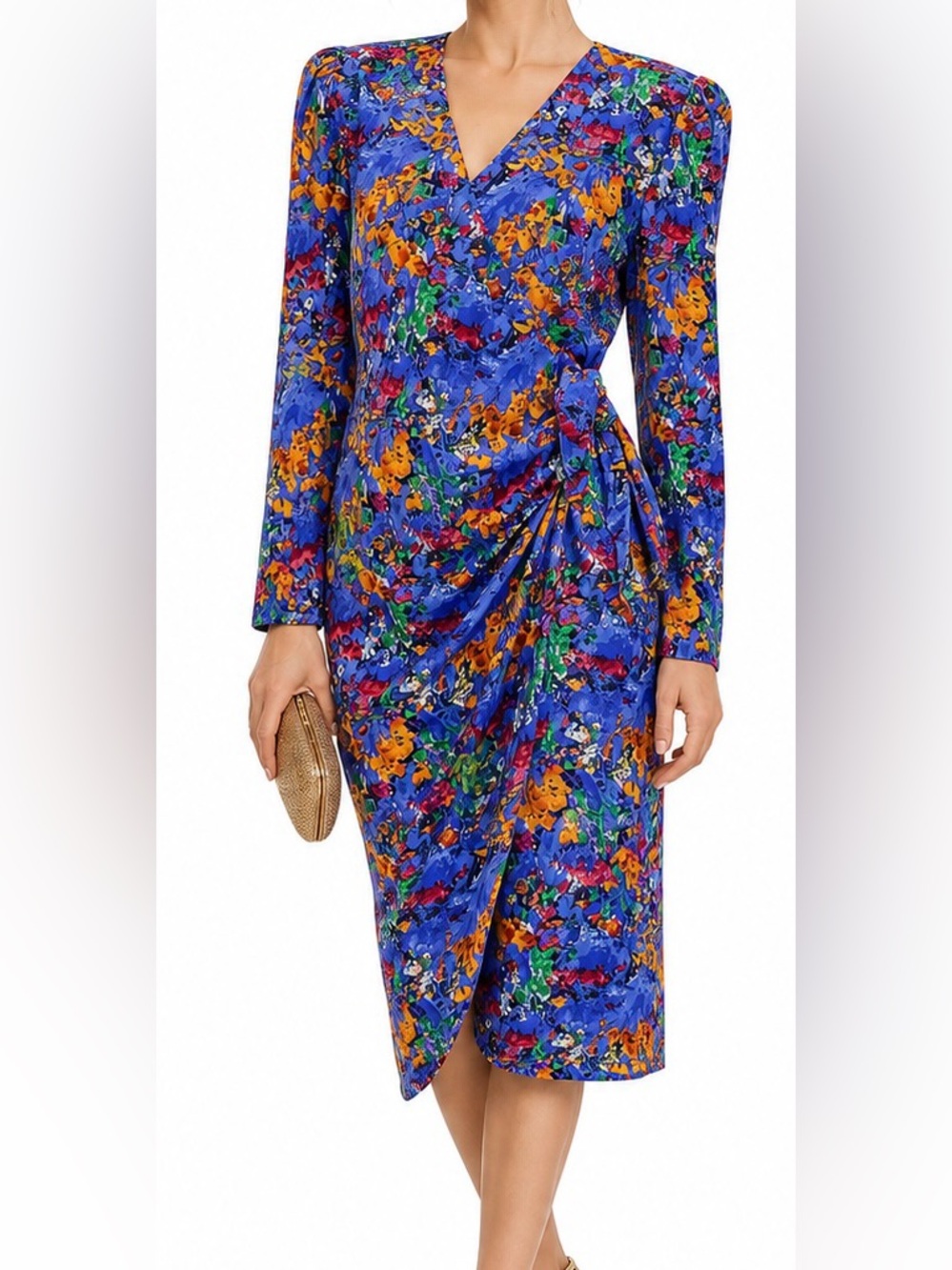 Vintage Silk Wrap Midi Dress Abstract Floral Blue Purple Size 14
